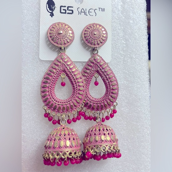 Beautiful long dome shaped pink colour lightweight metal jhumka earrings - Picture 5 of 6